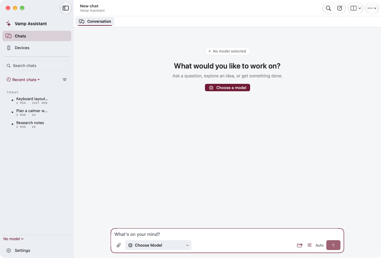 Vamp Assistant welcome screen with Chats, Devices, and a persistent composer